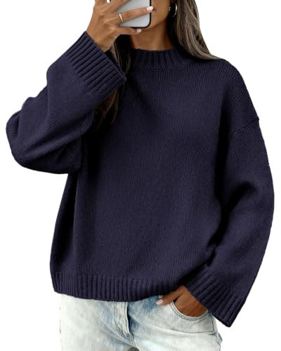 BTFBM Sweaters for Women 2026 Casual Crewneck Long Sleeve Loose Ribbed Knit Pullover Sweater Winter Clothes Fall Outfits(Navy Blue, X-Large) | Amazon (US)