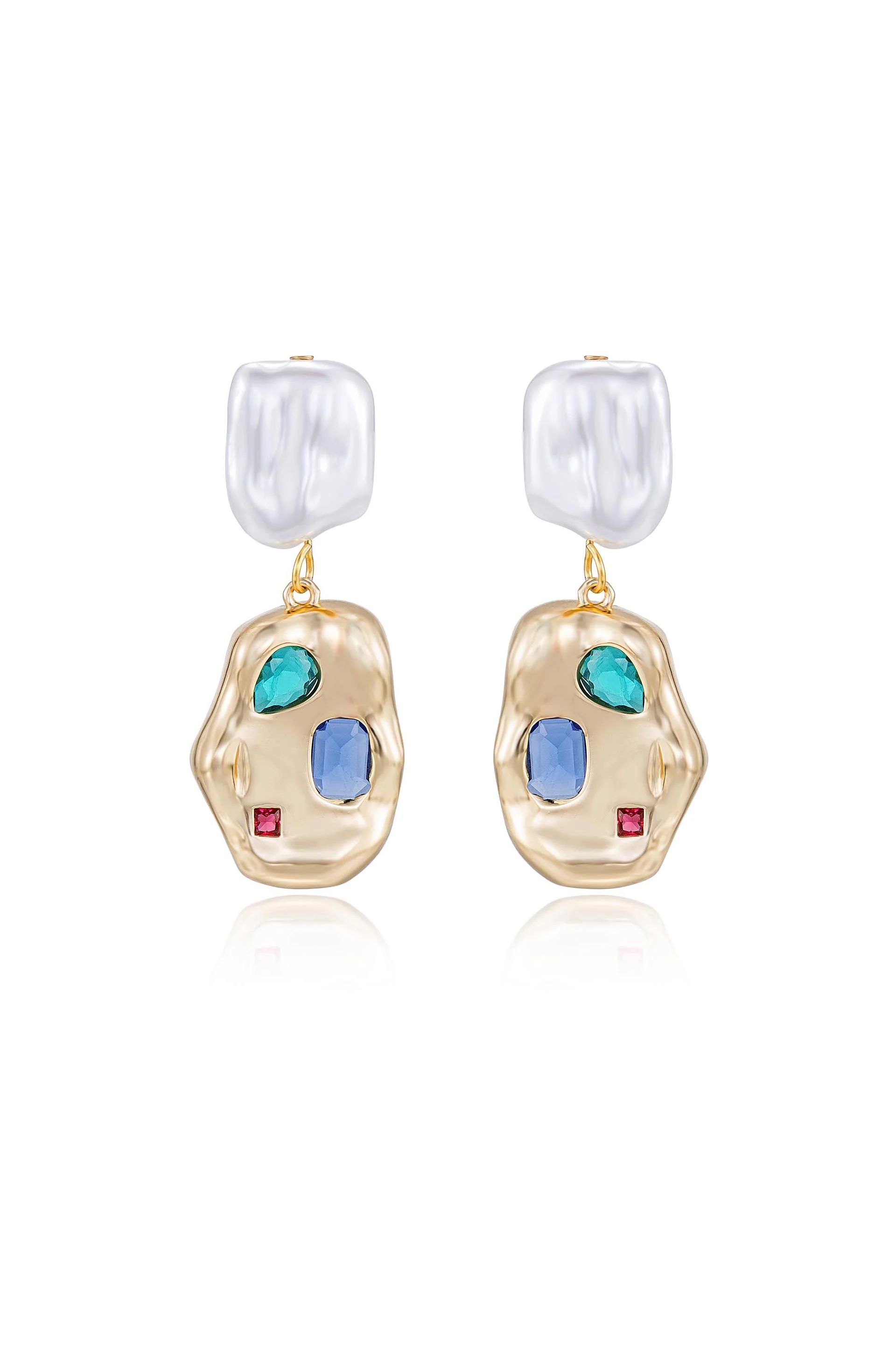 Rainbow Crystal Nugget & Pearl 18k Gold Plated Earrings | Ettika