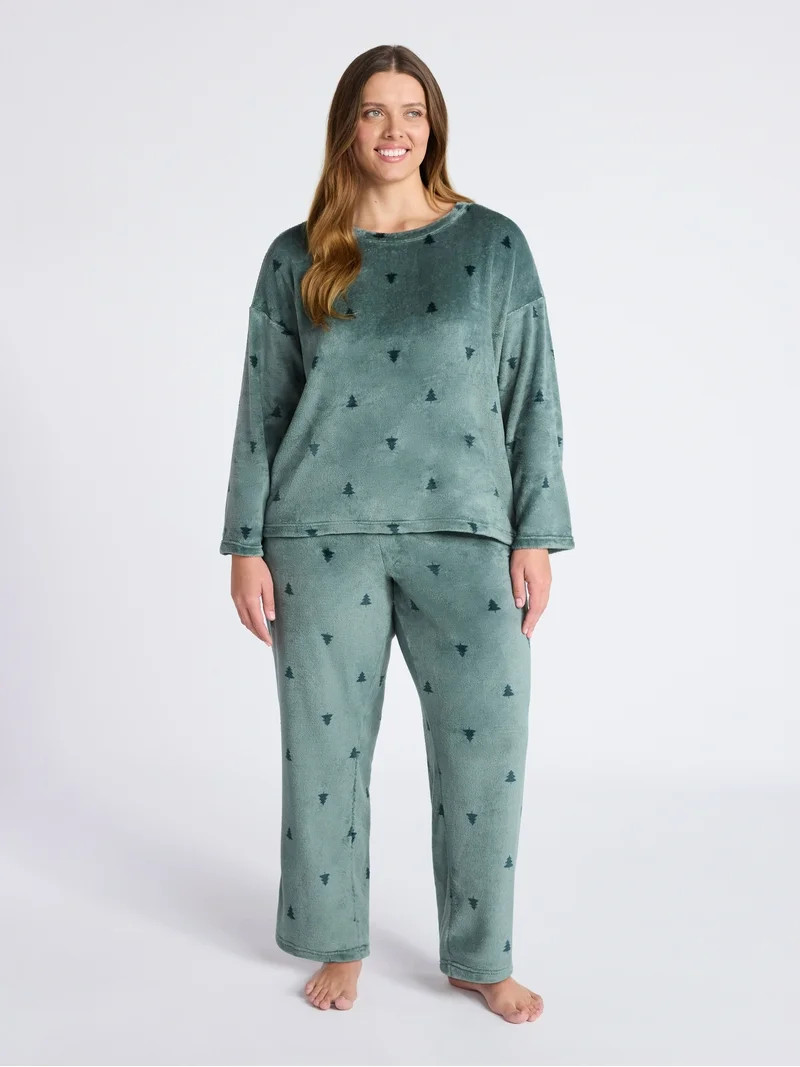 Joyspun Women's Folded Giftable Plush Long Sleeve Top and Pants Pajamas Set, 2-Piece, Sizes S-3X | Walmart (US)