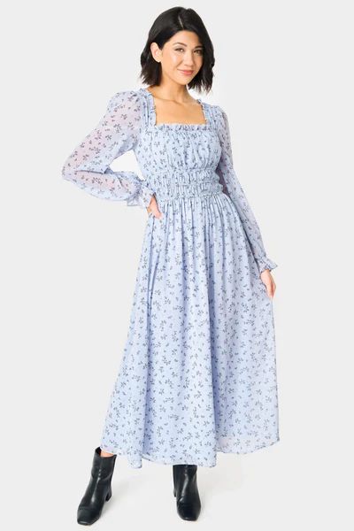 Long Sleeve Square Neck Shirred Maxi Dress | Gibson