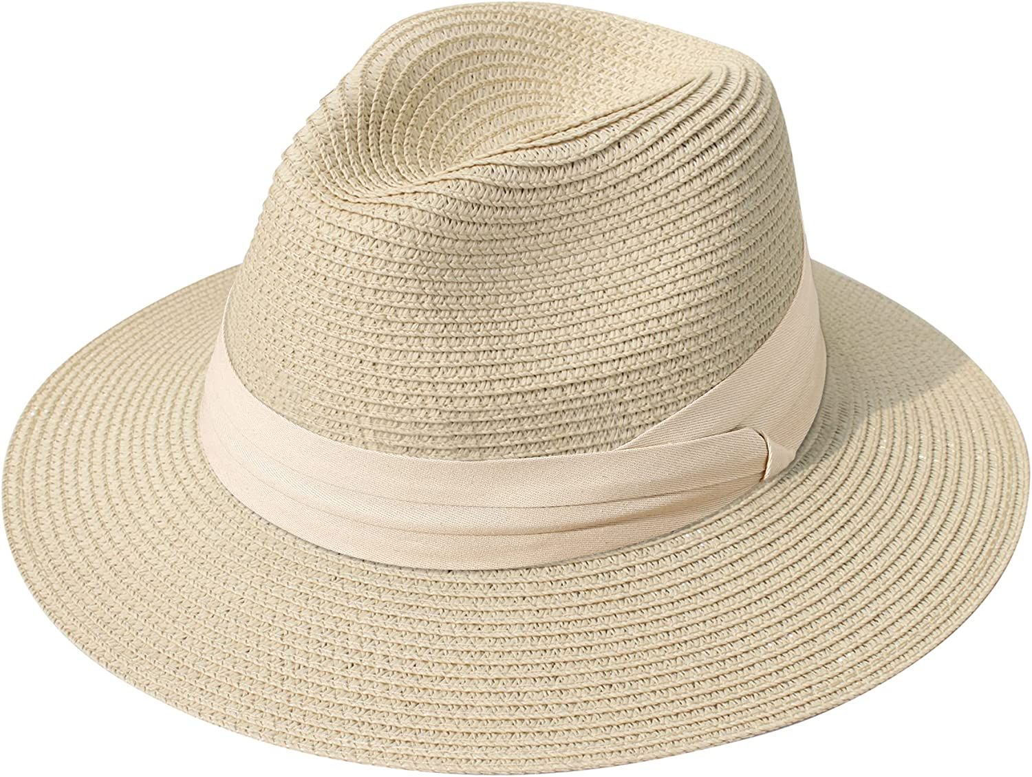 Lanzom Women Wide Brim Straw Panama Roll up Hat Fedora Beach Sun Hat UPF50+ | Amazon (US)