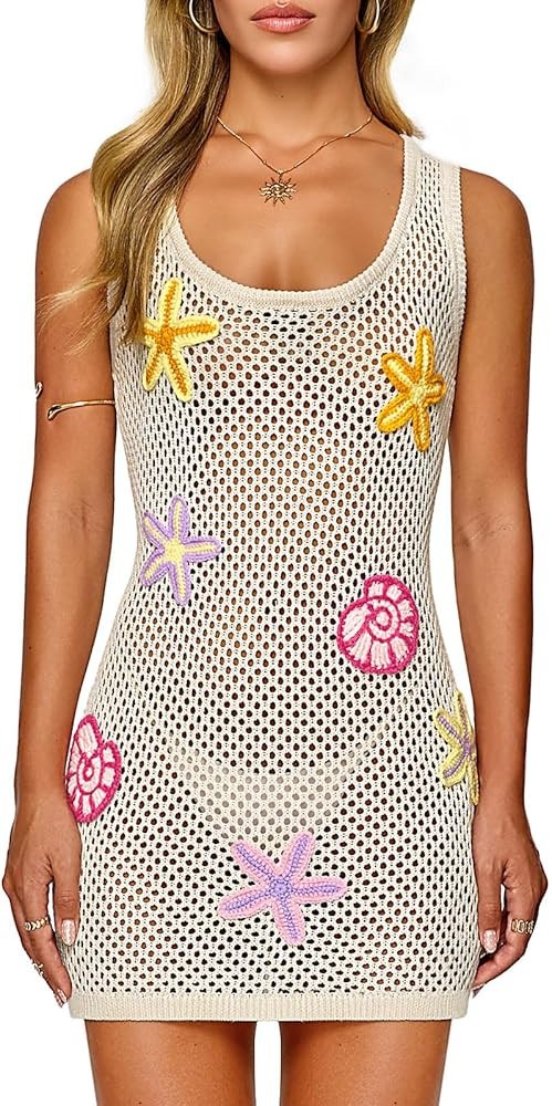 FAIRY SEASON Women's Crochet Beach Cover Up with 3D Starfish & Shells, Sleeveless Mini Dress for ... | Amazon (US)