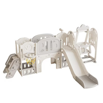 NAYSAYE Playground Slide Toddler Activity Center with Swing and Basketball Hoop for Indoor Outdoor Play, Gray and Ivory, 116.54"*64.96"*44.09" | Target