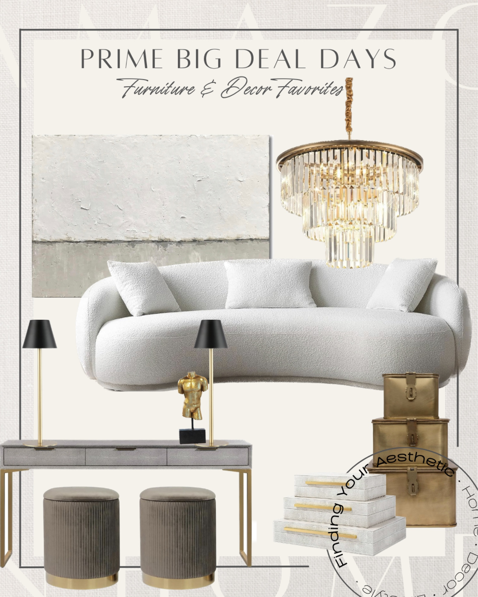 Prime Day furniture and home decor deals

Shagreen table, contemporary console, luxe console table, velvet ottoman, Shagreen boxes, decorative box set, modern sofa curved, mid century modern sofa, modern couch, couch white, boucle couch, LED table lamps, battery table lamps, greek bust statue, modern wall art, neutral art, chandelier tiered, gold chandelier, RH chandelier dupe, restoration hardware inspired lighting, modern home, neutral home, Amazon home finds, Amazon deals

#LTKhome #LTKxPrime