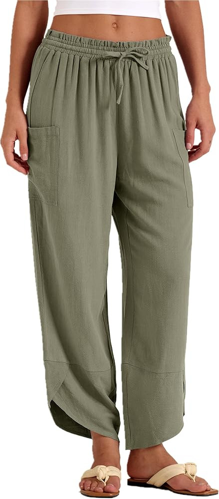 LOMON Women Linen Palazzo Pants Boho Wide Leg Elastic Waisted Casual Capri Pant Summer Harem Lounge with Pockets | Amazon (US)
