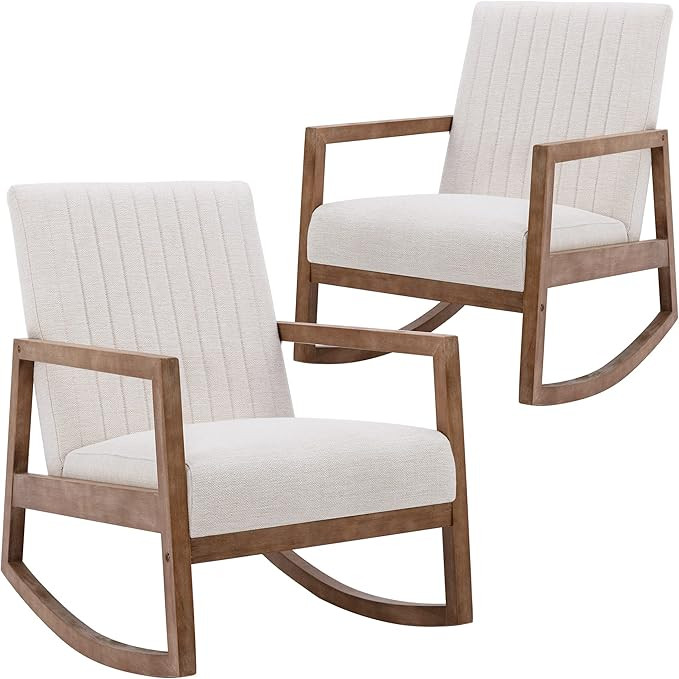 Wahson Set of 2 Mid Century Rocking Chair with Wood Frames, Linen Upholstered Farmhouse Living Ro... | Amazon (US)