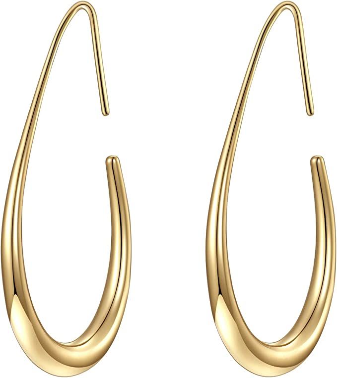 Lightweight Teardrop Hoop Earrings for Women - 14k Gold/White Gold Plated Large Oval Pull Through... | Amazon (US)