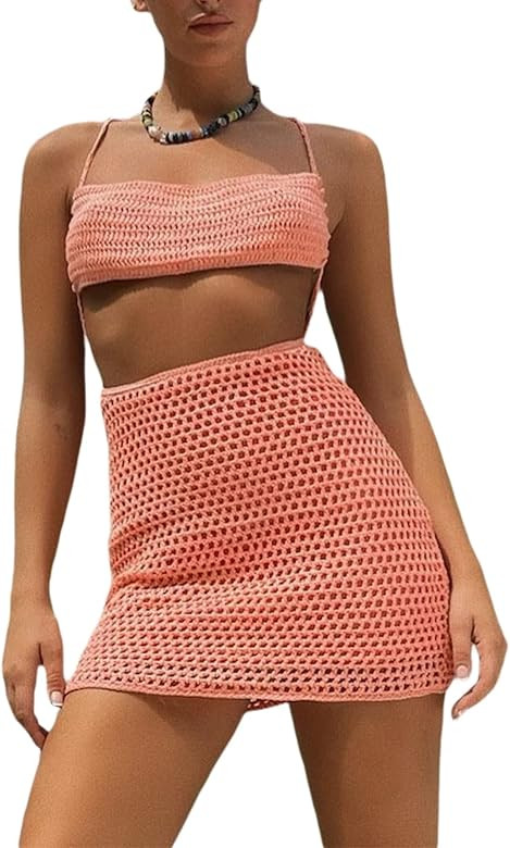 Argeousgor Women Stripe Knit Beach Dress Long Sleeve Backless Summer Crochet Cover Up Short Dress Bo | Amazon (US)