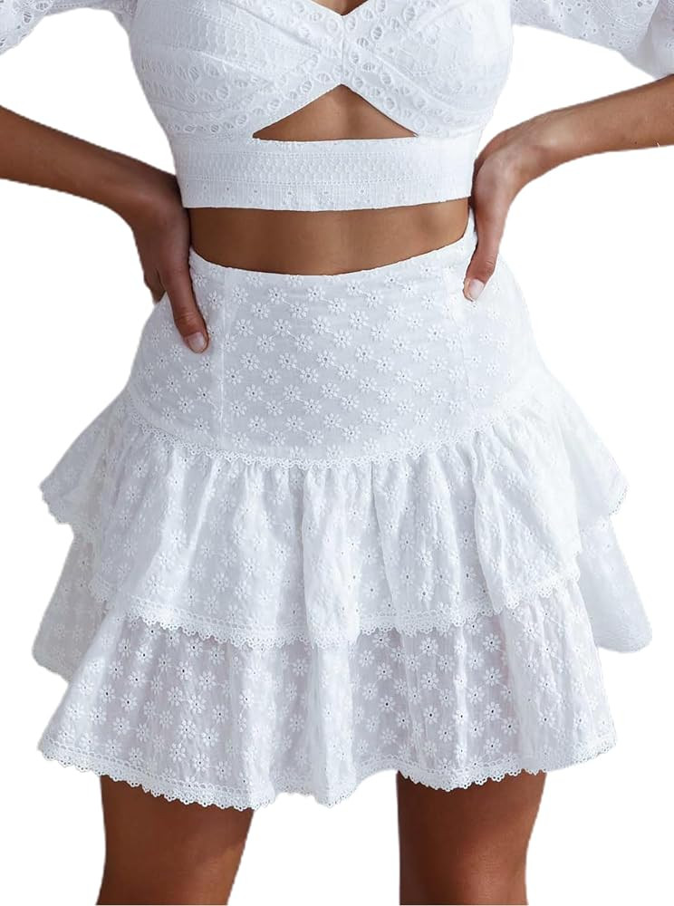 Women's Pleated Mini Skirt Eyelet Embroidery Lace Layered Ruffle High Waisted Mini Short Skirts | Amazon (US)
