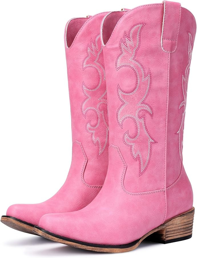 Cowboy Boots for Women - Embroidered Cowgirl Boots Western Mid Calf Fashion Chunky Heel Pointed T... | Amazon (US)