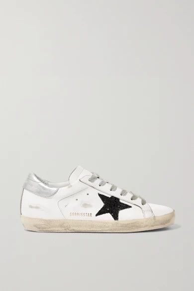 Superstar glittered distressed leather sneakers | NET-A-PORTER (UK & EU)