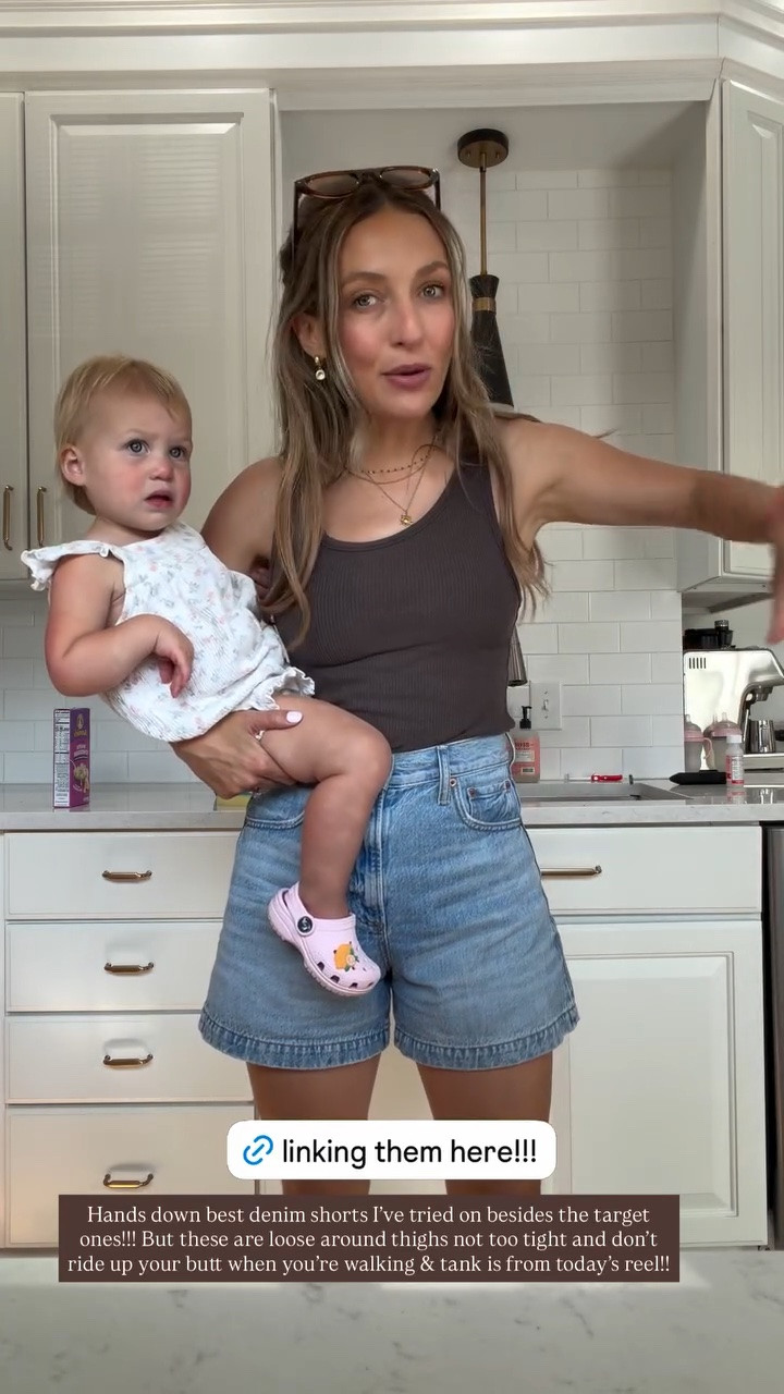 Hands down best denim shorts I’ve tried on besides the target ones!!! But these are loose around thighs not too tight and don’t ride up your butt when you’re walking & tank is from today’s reel!!