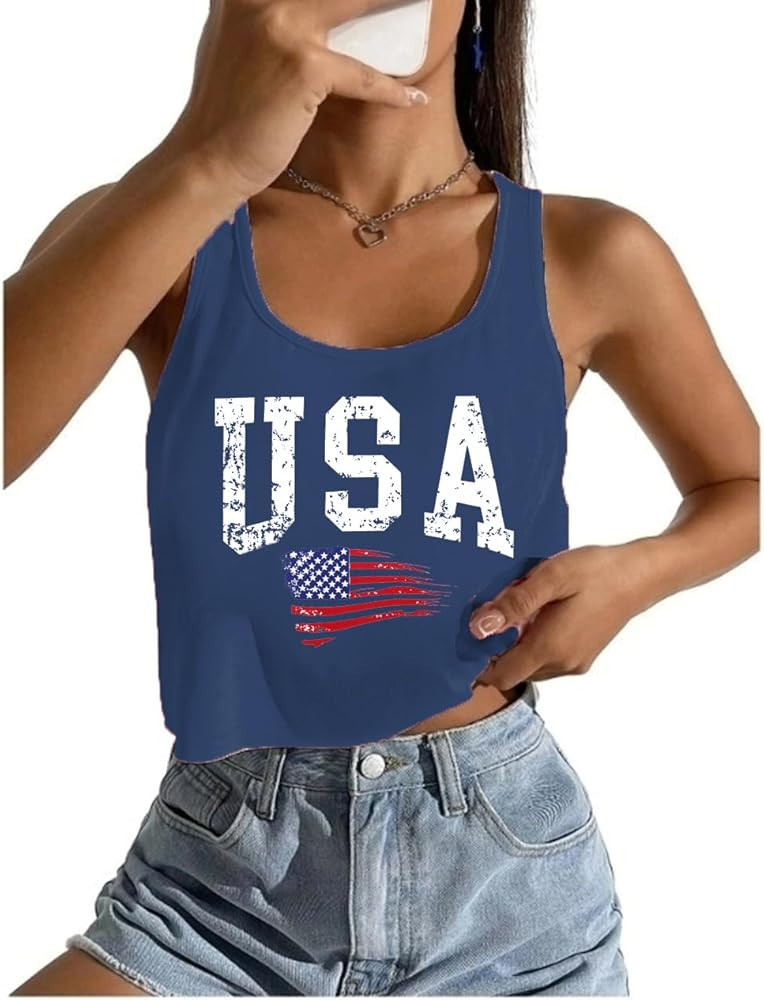 Women's Sexy American Flag Crop Tank 4th of July Patriotic Sleeveless Tee Tops | Amazon (US)
