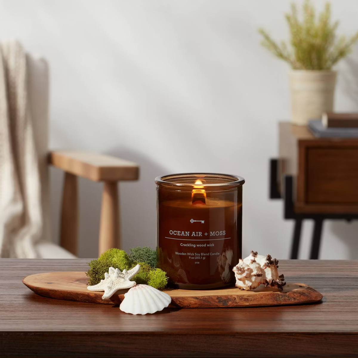 Amber Glass Ocean Air and Moss Lidded Wooden Wick Jar Candle 9oz - Threshold™ | Target