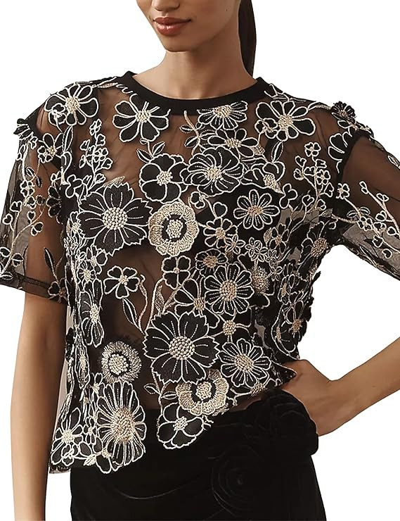 Women's Embroidered 3D Floral Blouse Short Sleeve Crew Neck Sheer Lace Tee Shirts | Amazon (US)