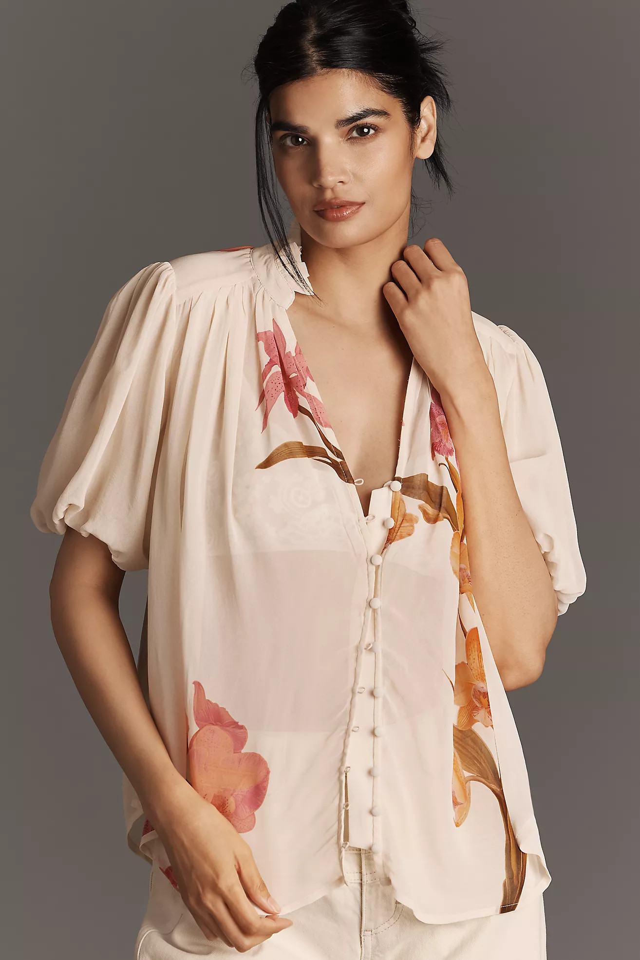 The Estela Short-Sleeve Sheer Printed Blouse | Anthropologie (US)