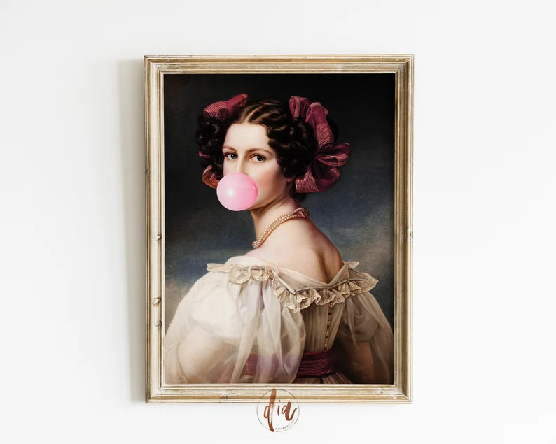 Pink Bubblegum Gallery Wall Art Print, Altered Art Portrait, Renaissance Painting, Trendy Wall Ar... | Etsy (US)