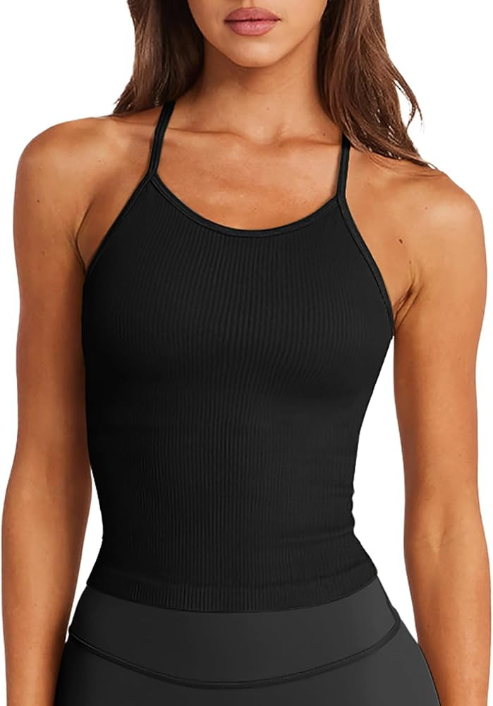 LASLULU Womens Sports Bra Seamless Long Crop Tank Racer Back Spaghetti Strap Workout Yoga Bra Pad... | Amazon (US)