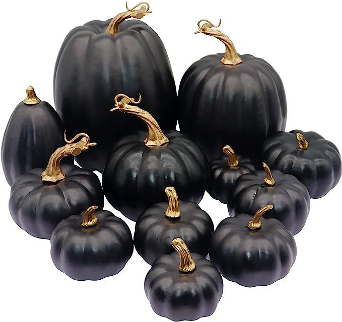 VEYLIN 12Pcs Fake Black Pumpkins, Mixed Size Artificial Foam Pumpkins for Halloween Fall Tabletop... | Amazon (US)