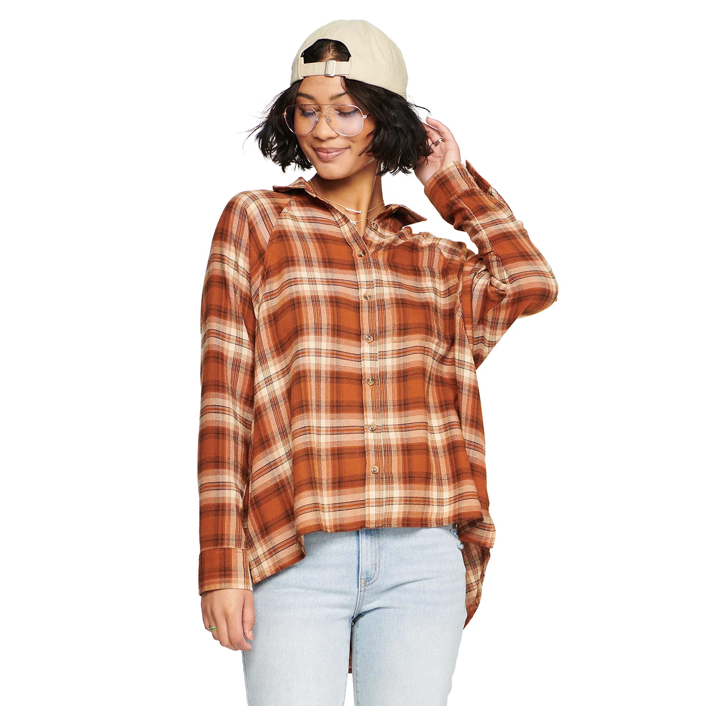 Juniors' SO® Oversized Raglan Plaid Shirt | Kohl's