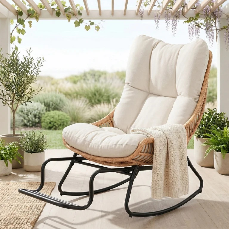 Tappio Rocking Papasan Chair with Adjustable Footrest, Outdoor Egg Rocking Chair with Thick Cushi... | Walmart (US)