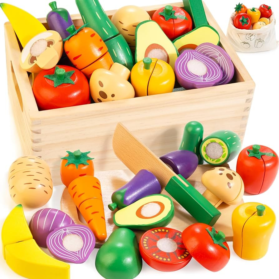 Wooden Play Food Set for Kids Kitchen | Velcro Chopping Veggies & Fruits Toy Food Set with Storag... | Amazon (US)