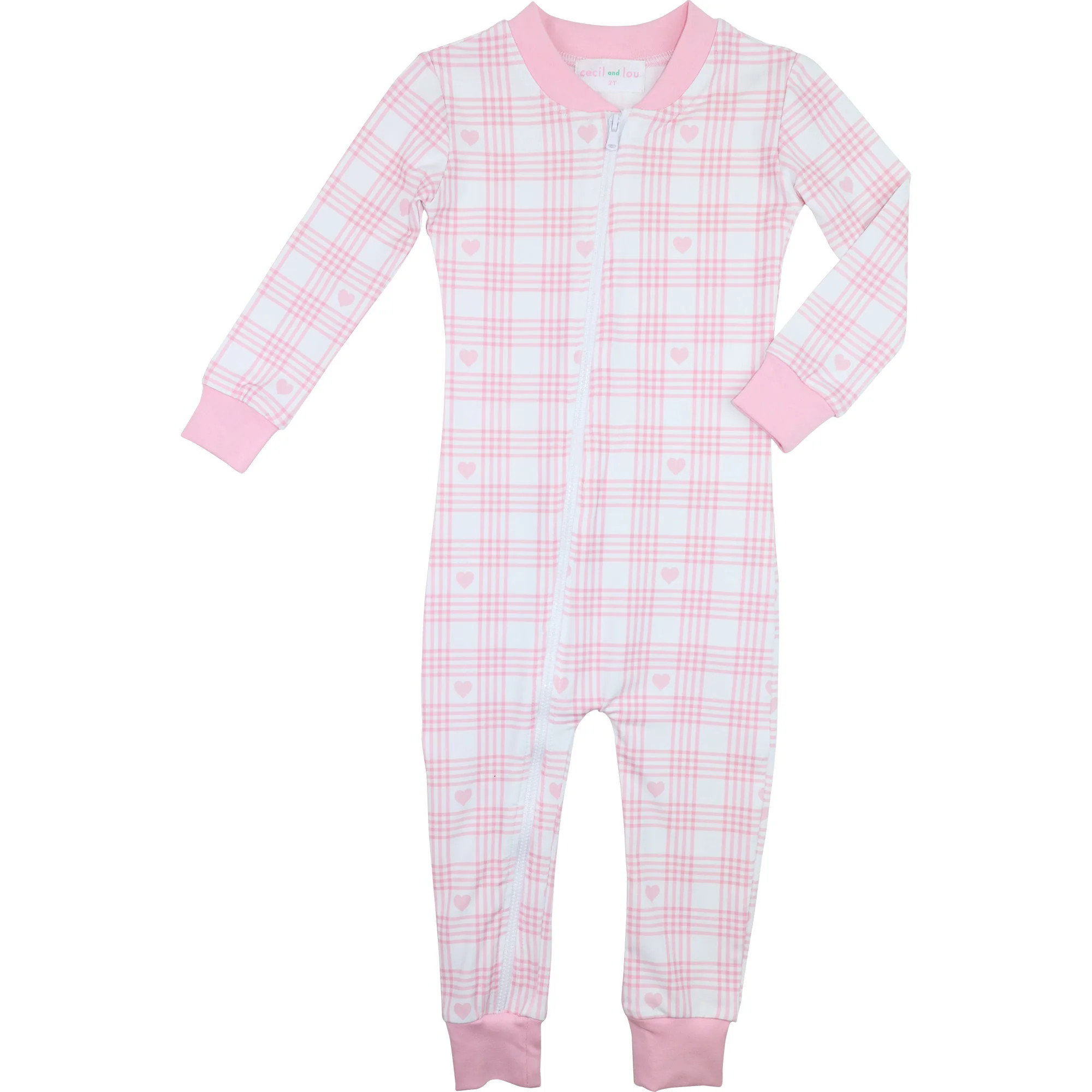 Pink Knit Plaid Heart Zipper Pajamas | Cecil and Lou