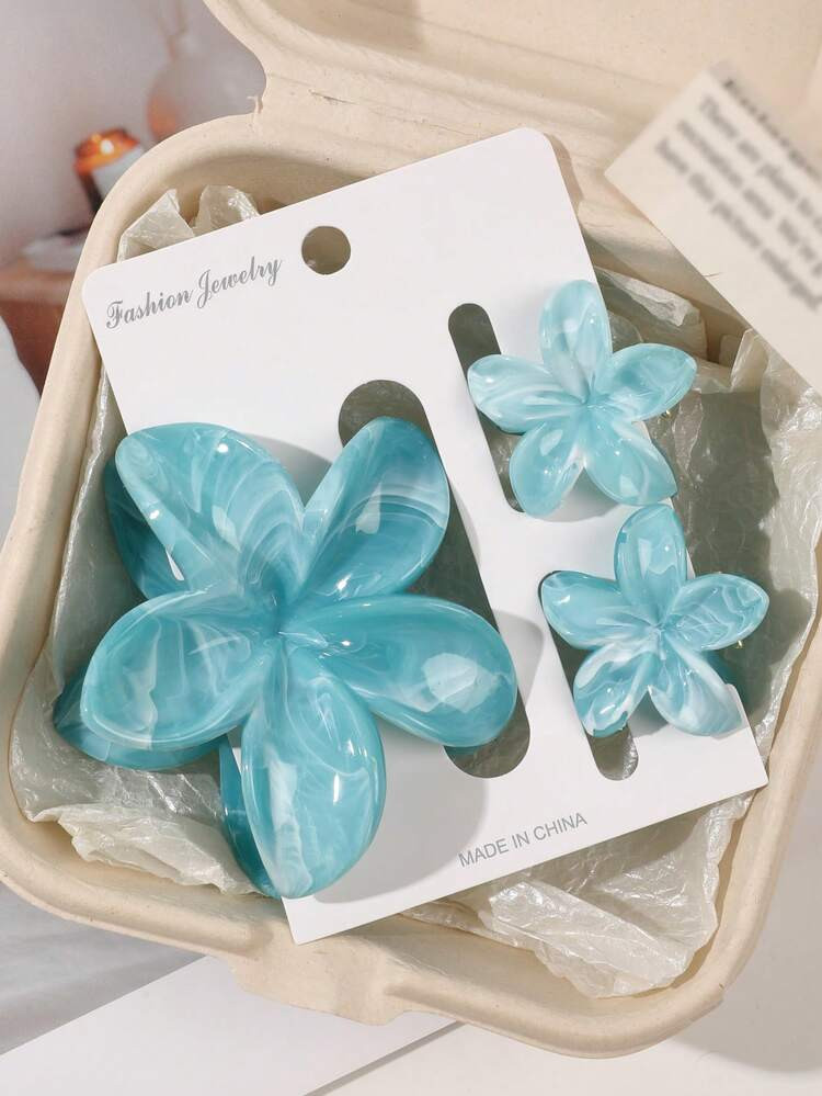 3pcs/Set Bohemian Style Blue Ombre Marble Pattern Hydrangea Flower Hair Clips, Beach Vacation Hai... | SHEIN