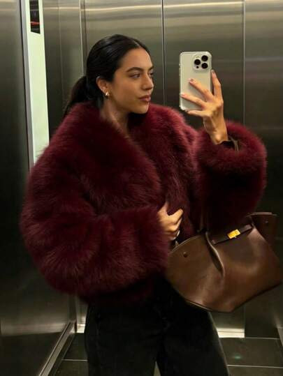 Burgundy faux fur coat  | SHEIN