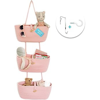 OrganiHaus Pink 3-Tier Wall Hanging Baskets for Pink Decor | Wall Storage Organizer Basket for Cl... | Amazon (US)