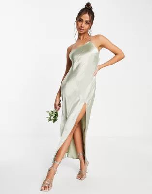 ASOS DESIGN Bridesmaid one shoulder midaxi dress in satin with drape back in sage | ASOS | ASOS (Global)