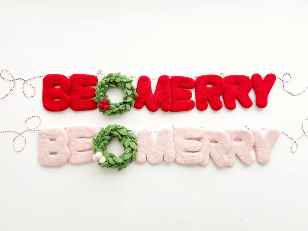 BE MERRY Felt Ball Garland - w/Wreath in 2 Color Options | Etsy (US)