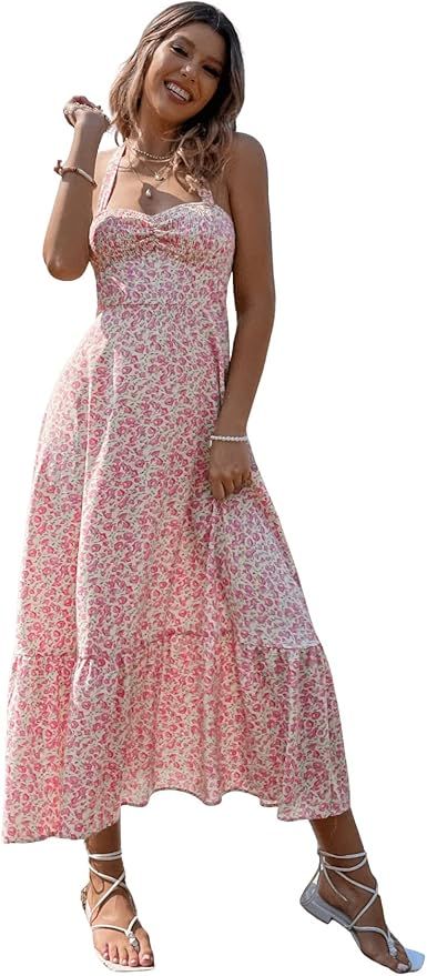 Floerns Women's Floral Print Ruched Bust Sleeveless Halter Neck A Line Midi Dress | Amazon (US)