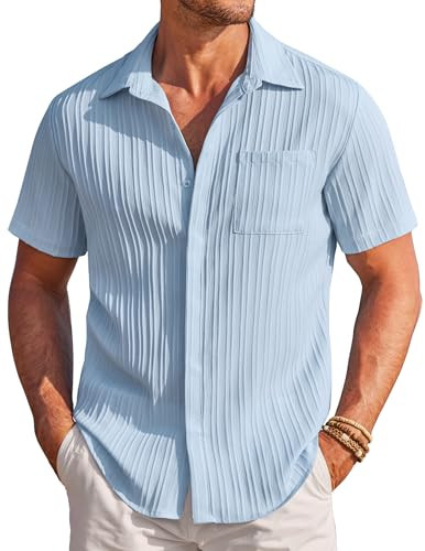 COOFANDY Beach Shirts for Men Short Sleeve Casual Button Down Shirt for Men Summer Linen Shirts Fashion Summer Hawaiian Shirt Light Blue | Amazon (US)