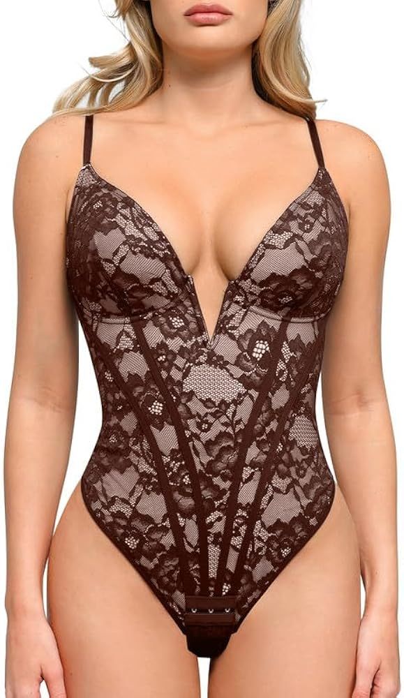 Popilush The Shapewear Bodysuit for Women - Deep V Neck Sleeveless Lace Corset Bodysuit Tummy Con... | Amazon (US)