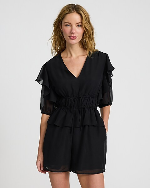 V-neck Short Sleeve Tie Front Ruffle Romper | Express
