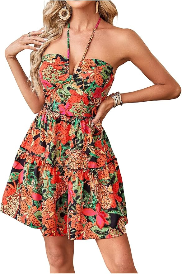 Floerns Women's Floral Sleeveless Halter Dress Milkmaid Flare Hem Boho Mini Dress | Amazon (US)