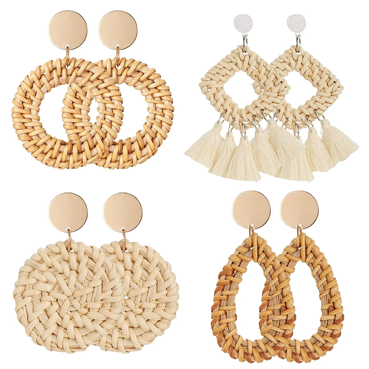 Rattan Tassel Earrings for Women 4 Pairs - Boho Dangle Straw Earrings Beach Vacation Essentials | Walmart (US)