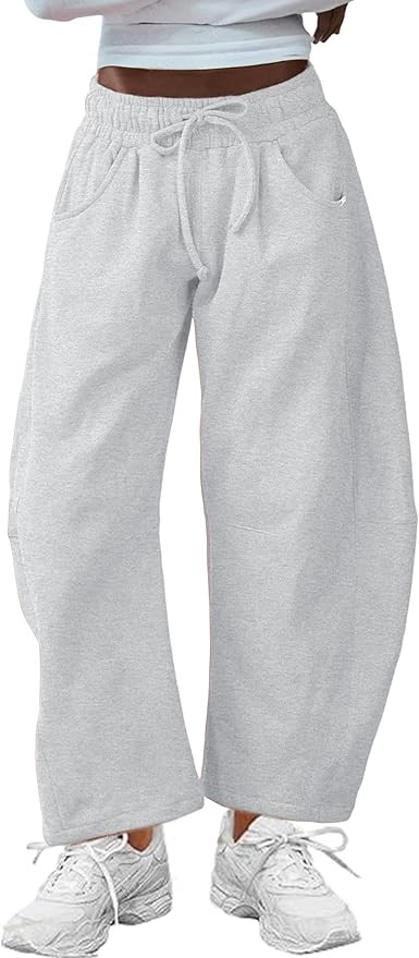Hongsui Women's Barrel Leg Pants Elasticated Waistband Soft Wide Leg Pants with Pockets Casual Sw... | Amazon (US)