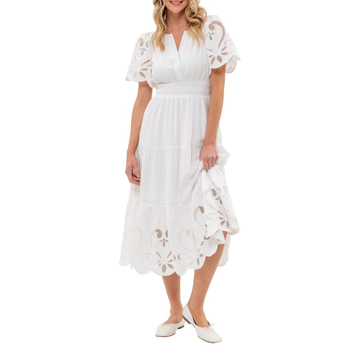 August Sky Women's Eyelet Scallop Hem Tiered Midi Dress | Target