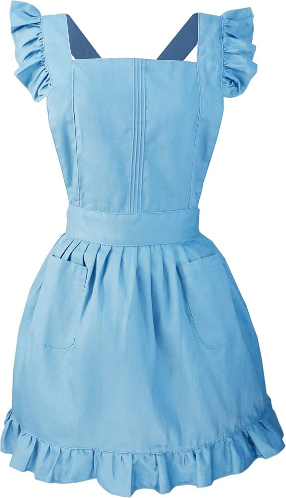 LilMents Retro Adjustable Ruffle Apron Kitchen Cooking Baking Cleaning Maid Costume (Blue) | Amazon (US)