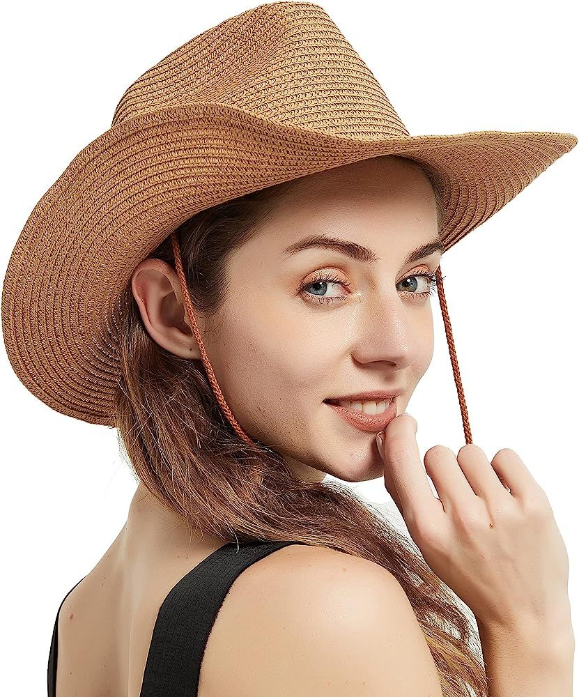 Womens Straw Cowboy Hat Shapeable Floppy Sun Hat Wide Birm Fedora Panama Hat for Beach | Amazon (US)