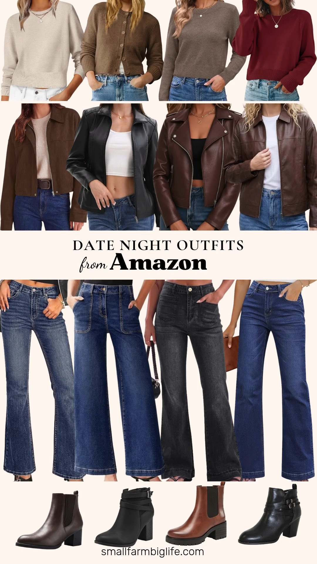 🍂 Date Night Outfits From Amazon

For an easy fall date night, pair wide leg jeans with a cropped sweater, then add a faux leather or suede jacket and heeled ankle boots. For jeans, choose black high waisted flares with contrast topstitching, vintage navy blue bootcut jeans, dark blue distressed wash flares, or bluing baggy wide leg jeans. Cropped sweaters look great with high rise denim, including a coffee heather crewneck, a light almond heather lightweight knit, a wine red cropped crewneck, or a coffee heather cropped cardigan. For a fall jacket, layer on a dark brown faux suede cropped shacket, a dark brown faux leather bomber, a black faux leather moto jacket, or a brown cropped faux leather jacket. Finish with fall shoes: black ankle booties with a 3 inch chunky heel, black fashion booties, dark brown pointed toe Chelsea boots with a 2.4 inch block heel, or brown platform lug sole Chelsea boots that come in a wide width. These relaxed, flattering looks make casual date night outfits for women over 50, and they work for dinner out, concerts, and game day too.

#amazonfashion #amazonfinds #datenightoutfit #flarejeans #anklebooties 

 #LTKgrwm #LTKootd #LTKOver40