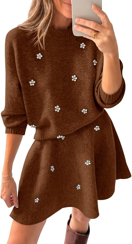 Saodimallsu Womens 2 Piece Sweater Skirt Set Fall Elegant Long Sleeve Crew Neck Top and Knit Mini... | Amazon (US)