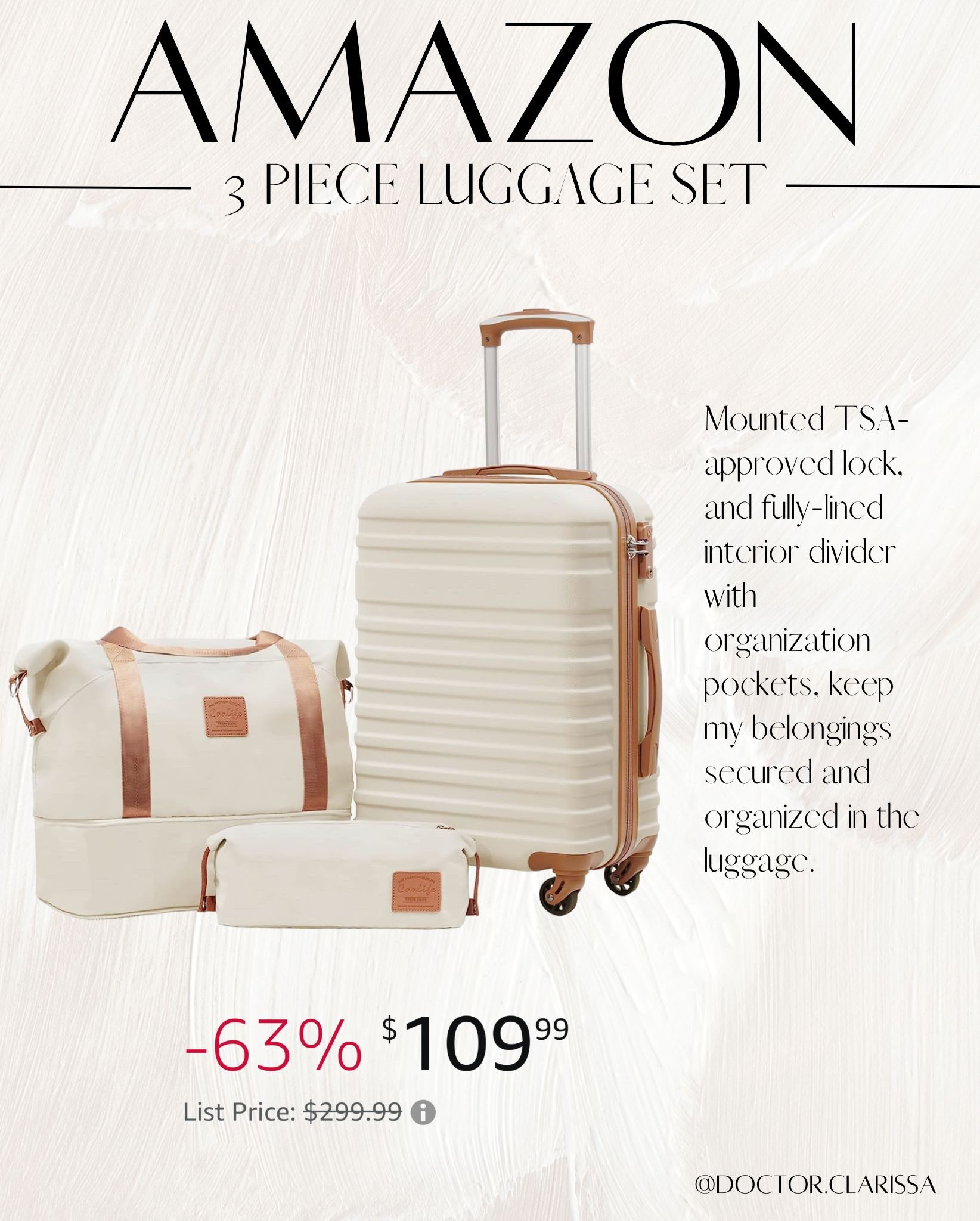 Amazon 3 Piece Luggage Set • $109.99

Coolife Luggage Sets Suitcase Set 3 Piece Luggage Set Carry On Hardside Luggage with TSA Lock Spinner Wheels (White, S(20in)_carry on)

Mounted TSA-approved lock, and fully-lined interior divider with organization pockets, keep my belongings secured and organized in the luggage.

#amazondeals
#amazonsale
#travelgear
#travelessentials

#LTKitbag #LTKsalealert #LTKtravel