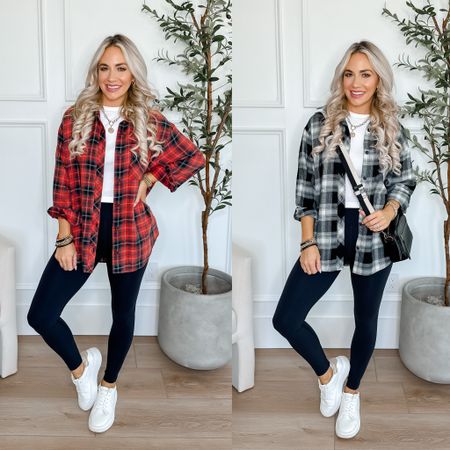 Target Flannel // the red is perfect for the holiday but comes in 6 colors as well! Wearing an xs in flannel, xs in tee, and xs in leggings. All run tts. $19 Walmart sneakers are so comfy and run tts. 

#LTKHoliday #LTKSeasonal #LTKshoecrush