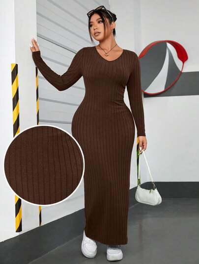 SHEIN EZwear Plus Solid V Neck Bodycon Dress Date Night Dress, Winter | SHEIN