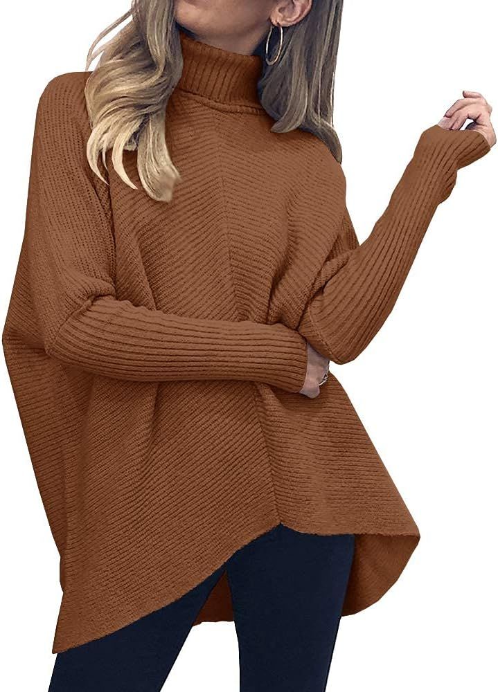 Nulibenna Womens Turtleneck Long Batwing Sleeve Knit Sweater Asymmetric Hem Chunky Pullover Winter R | Amazon (US)