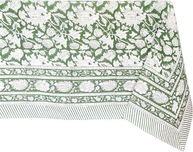 ATOSII Meraki Green 100% Cotton Spring Tablecloth, Handblock Print Rectangle Table Cover for Kitc... | Amazon (US)