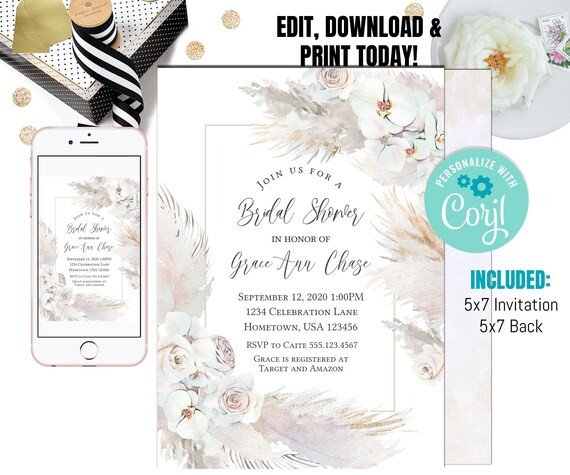 Editable Pampas Grass Bridal Shower Invitation | Bohemian Bridal Shower Invitation | Boho Shower ... | Etsy (US)